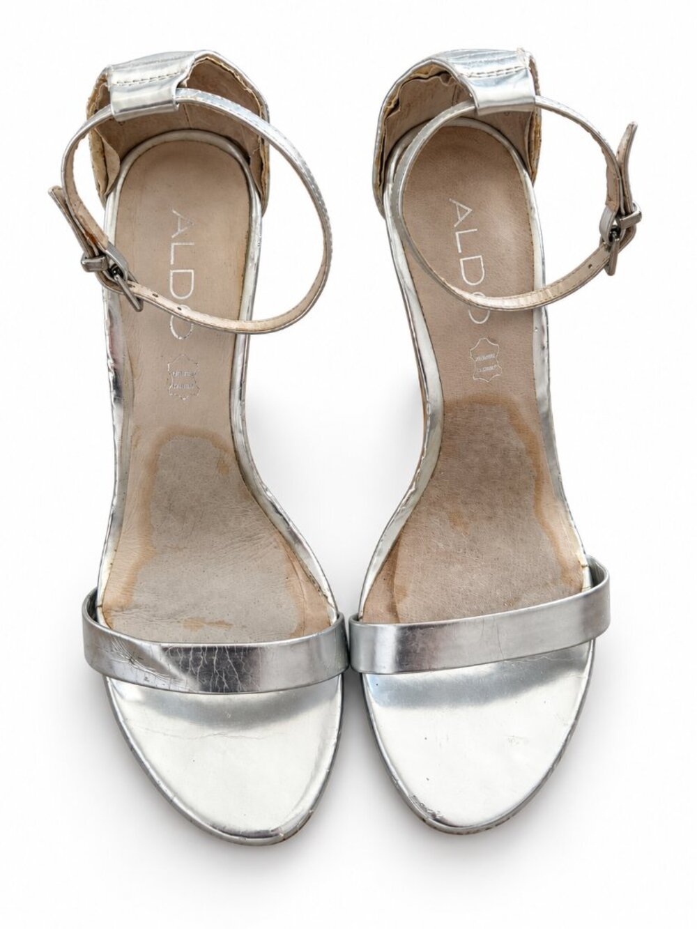 ALDO Silver Metallic Ankle Strap Stiletto Sandals Heels Size 6